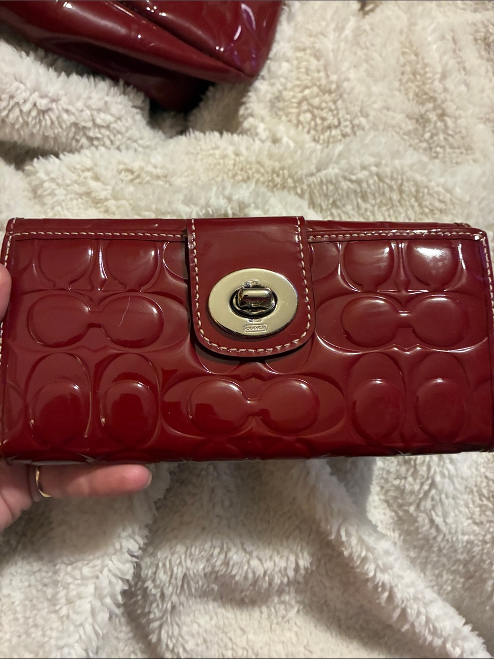 Coach Patent-Embossed Accordion Wallet in Deep Red with Turn-Lock